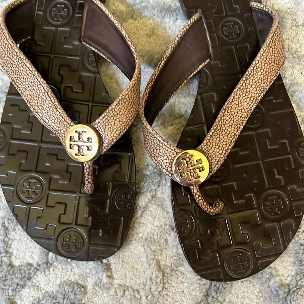 Tory Burch Brown Sandals with Gold Emblem